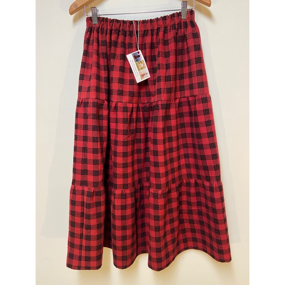 Womens Flannel Mom and Pop's Kids Maxi Skirt Small Red Black Plaid Tiered Cotton